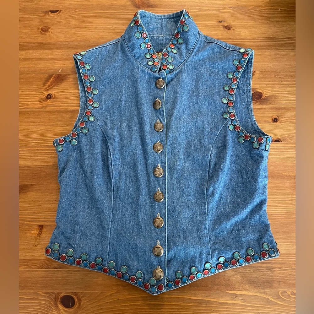 Vintage Double D Ranch Blue Denim Vest with studs. Size small